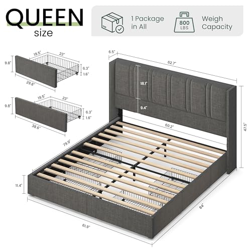 King Size Linen Upholstered Platform Bed Frame with 4 Storage Drawers and Wingback Headboard Q678