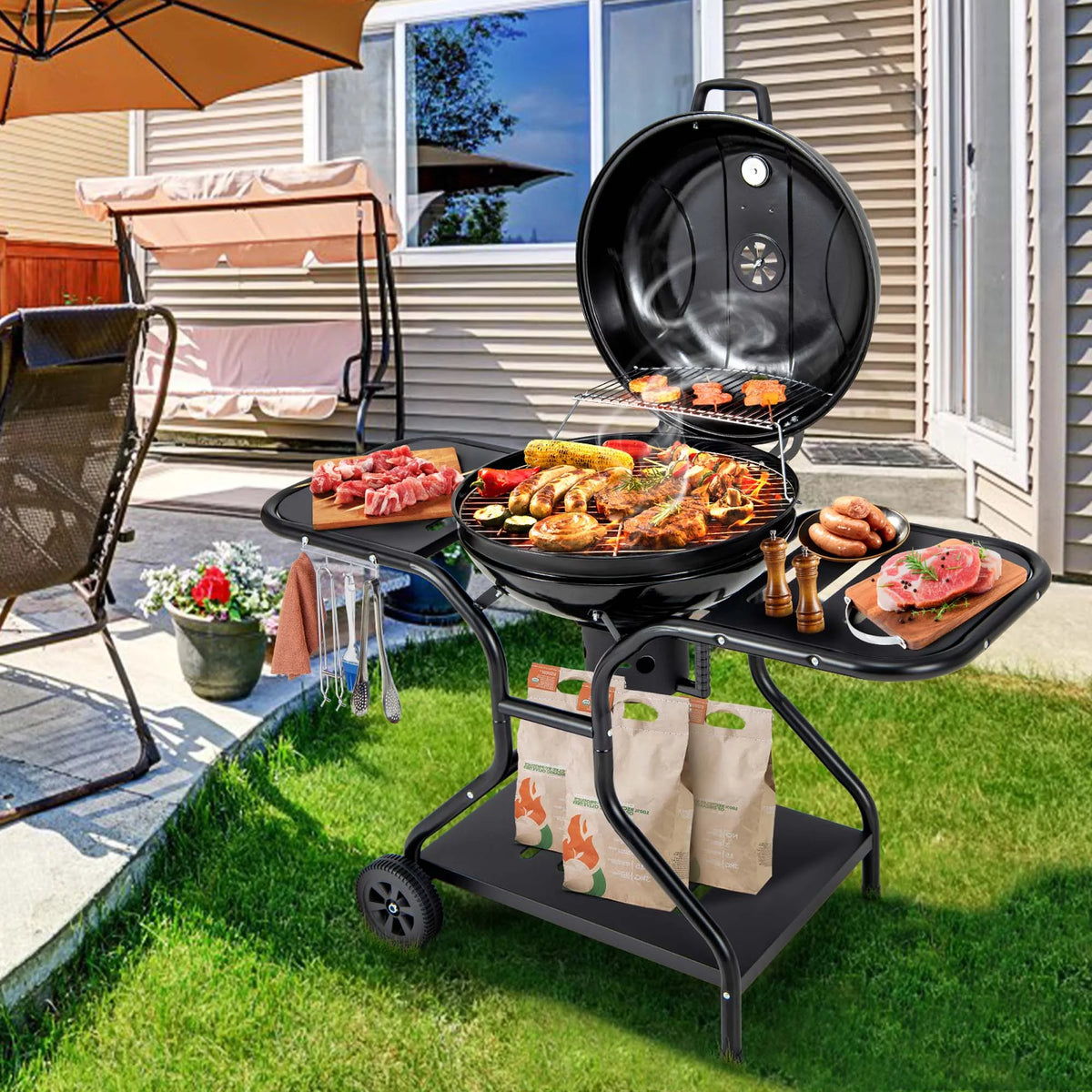22 inch Charcoal BBQ Grill with Thermometer Y92633