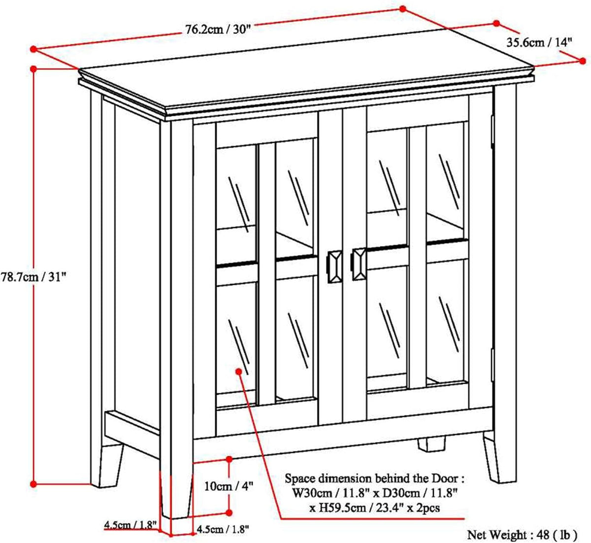 White 30 inch Low Storage Cabinet with 2 Glass Doors Y671