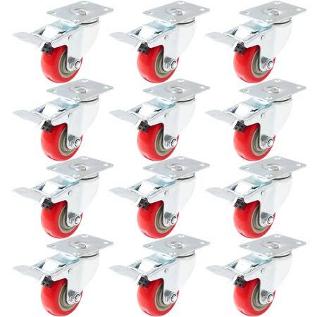 12 Pack Swivel Plate Caster Wheels with Red Polyurethane Wheels 3 inch F31826
