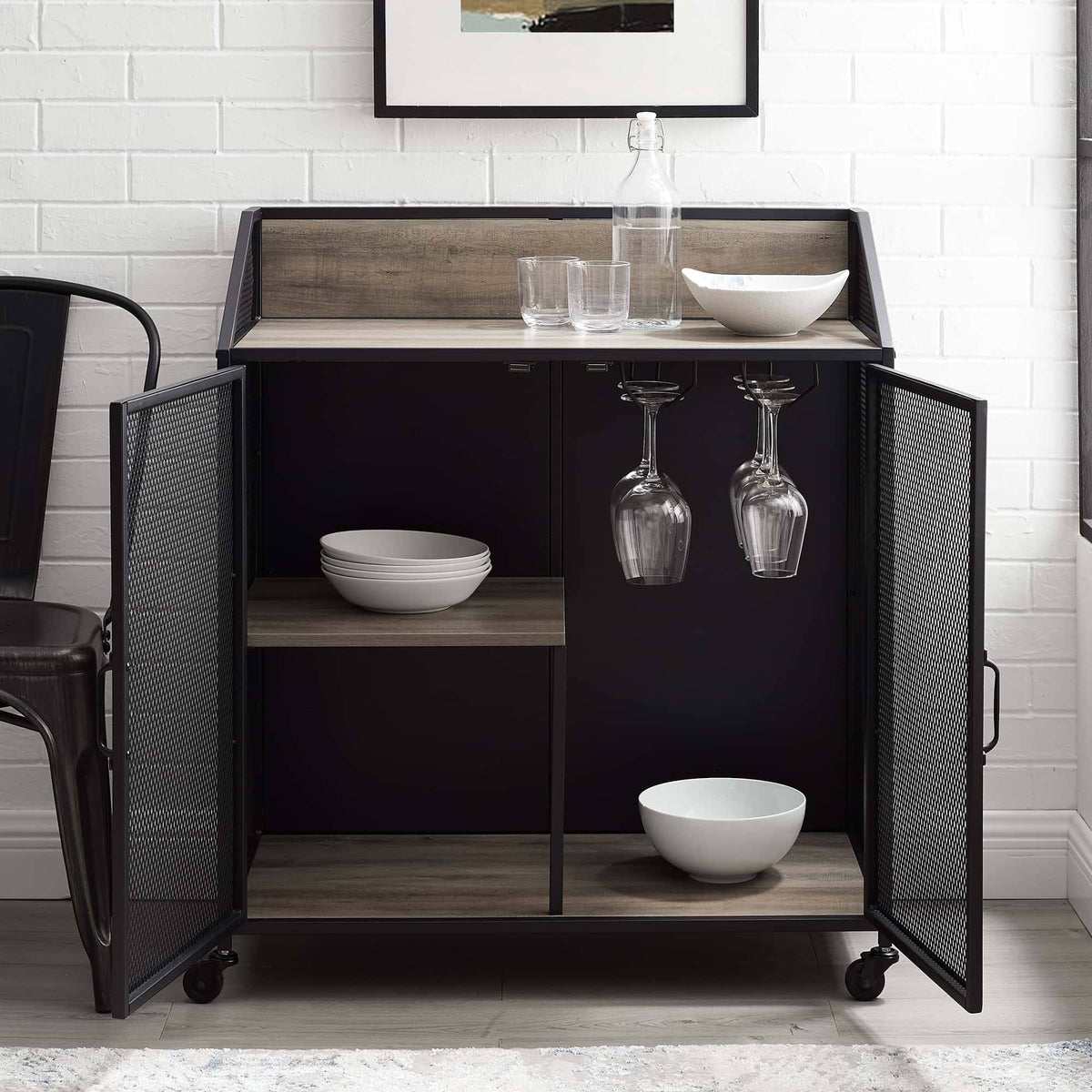 33 inch Grey Wash Bar Cabinet with Metal Mesh Q688925