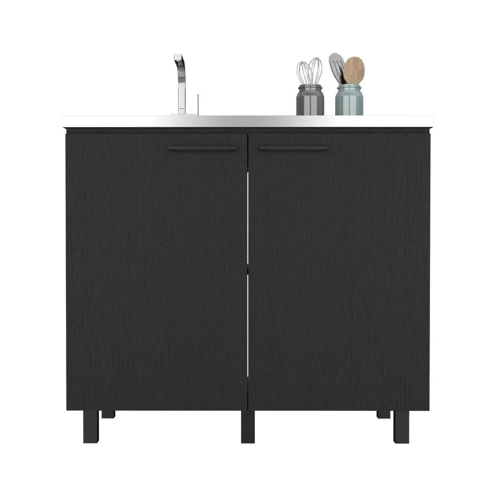 Black 2 Door Utility Base Cabinet with Stainless Steel Countertop U9377