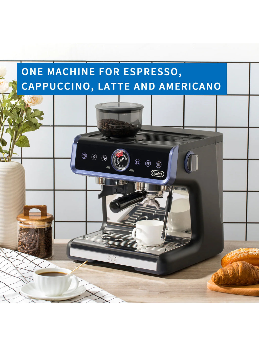 All in One Espresso Machine with Coffee Grinder and Milk Steam Wand O21796