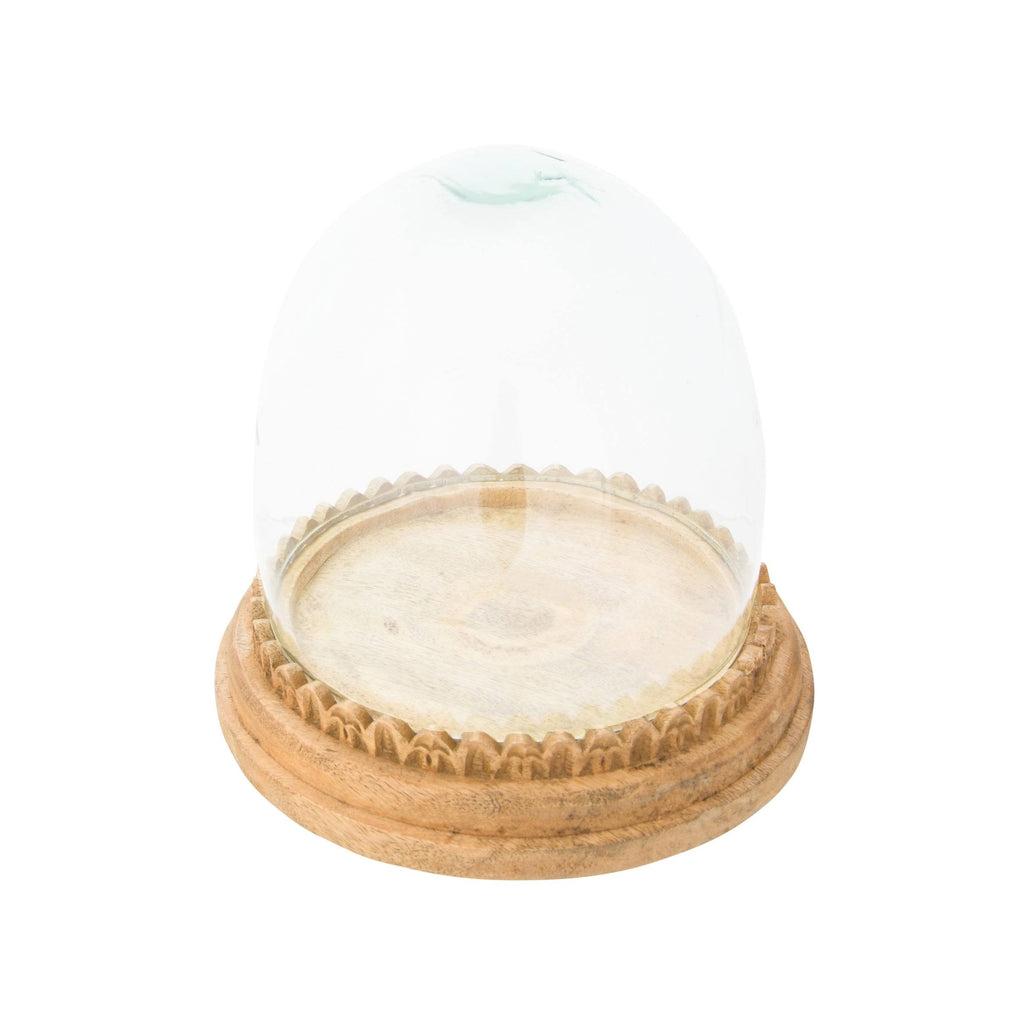 Recycled Glass Cloche on Hand-Carved Mango Wood Base, Set of 2 Pieces Z8572
