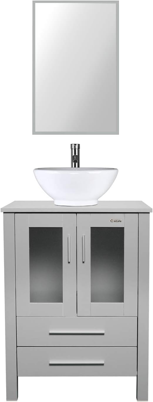 24" Grey Bathroom Vanity Sink Combo with White Rectangle Ceramic Vessel Sink, Chrome Faucet, Pop Up Drain S13037