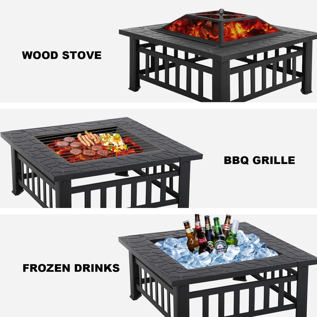 32 Fire Pit Table Wood Burning with Spark Screen Fire Poker Black F6411
