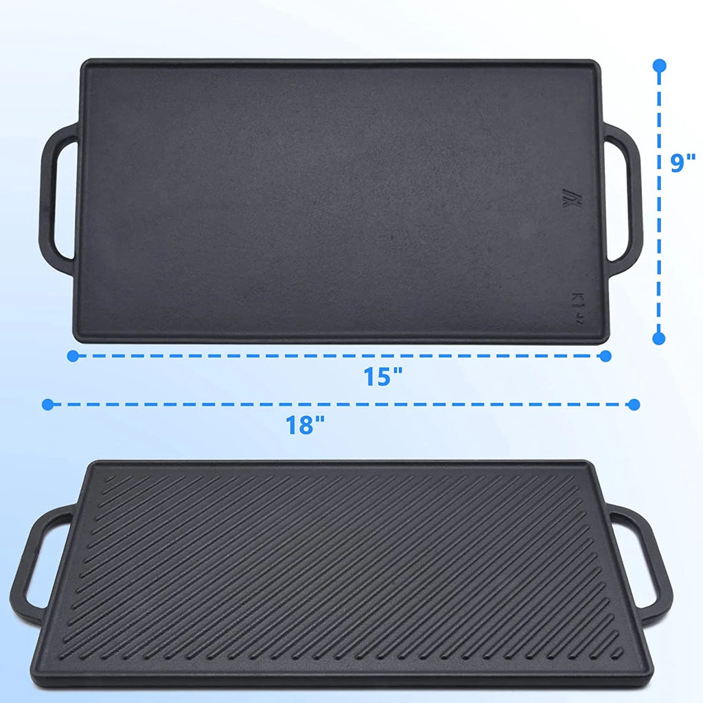 Cast Iron Reversible Grill Griddle, Non-Stick Double Sided Grill Pan with Handles 15 Inch x9 Inch I500528