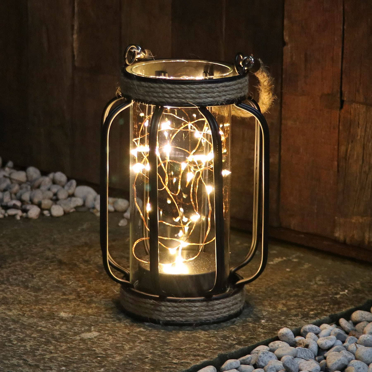 Black Battery Operated Metal Cage Lantern with LED Fairy Lights S579983