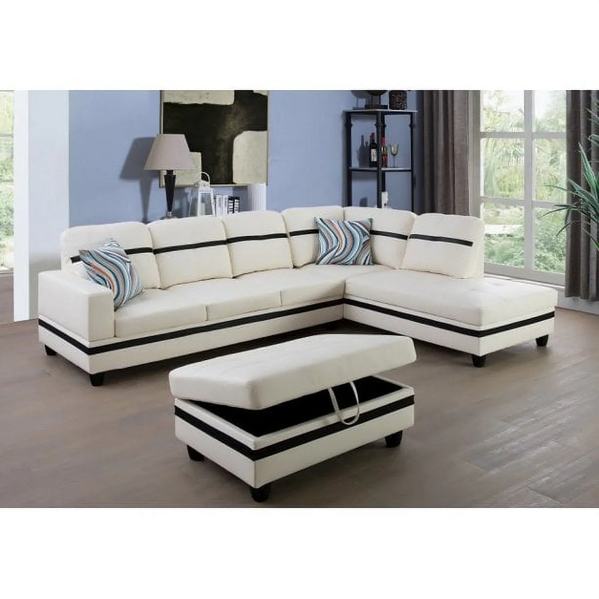 White Faux Leather Left Hand Facing Sofa & Chaise with Ottoman I3751