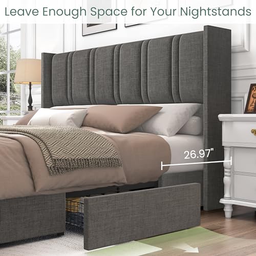 King Size Linen Upholstered Platform Bed Frame with 4 Storage Drawers and Wingback Headboard Q678
