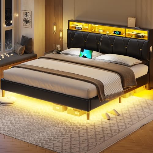 Creamy White Velvet Upholstered Full Size Bed Frame with Headboard Storage and LED Lights G2144