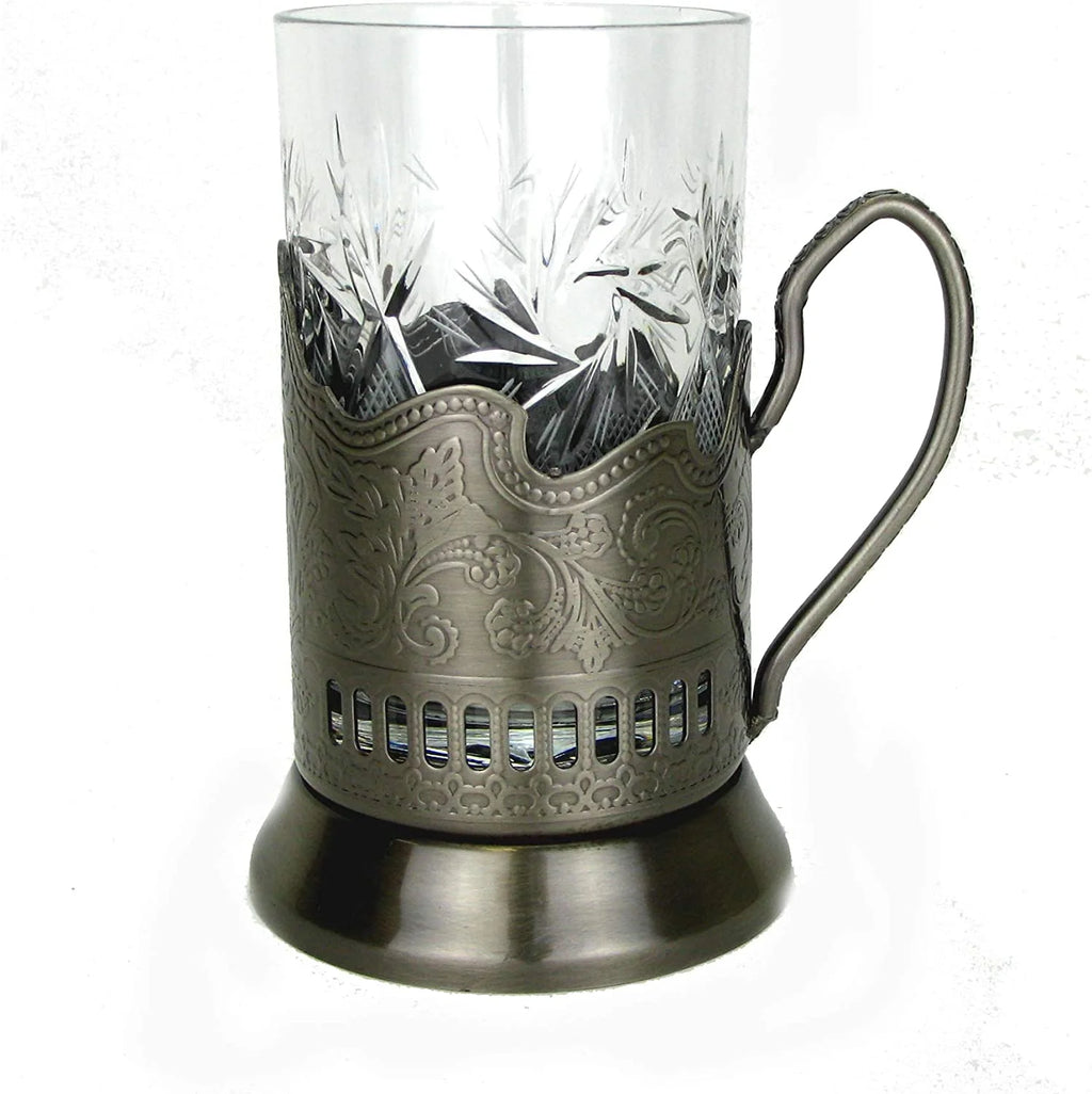 Russian Crystal Hot Tea Glass 8.5 Oz & Metal Glass Holder Z806609