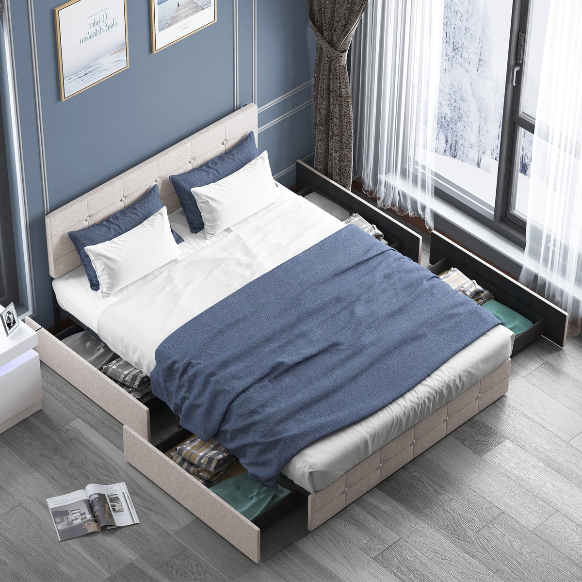 Black Linen Fabric Full Storage Bed Frame with Upholstered Headboard C471