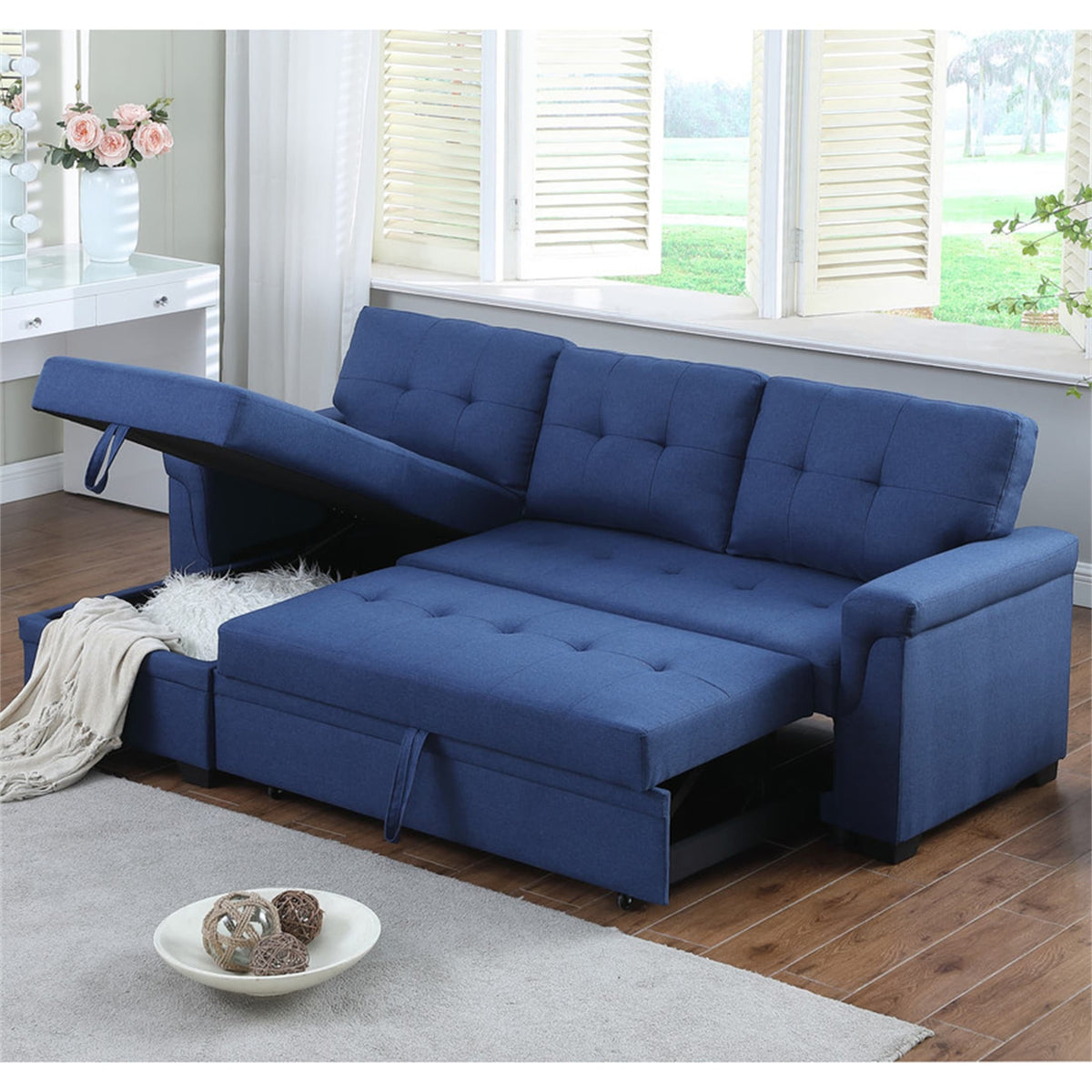 Blue Linen Reversible Sleeper Sectional Sofa with Storage Chaise A3635