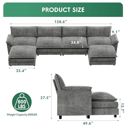 Grey Chenille U Shaped Modular Sectional Sofa with Ottoman V583
