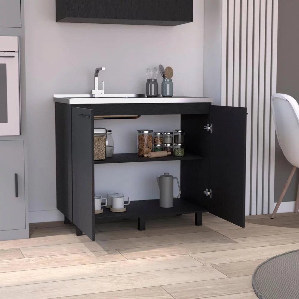 Black 2 Door Utility Base Cabinet with Stainless Steel Countertop U9377