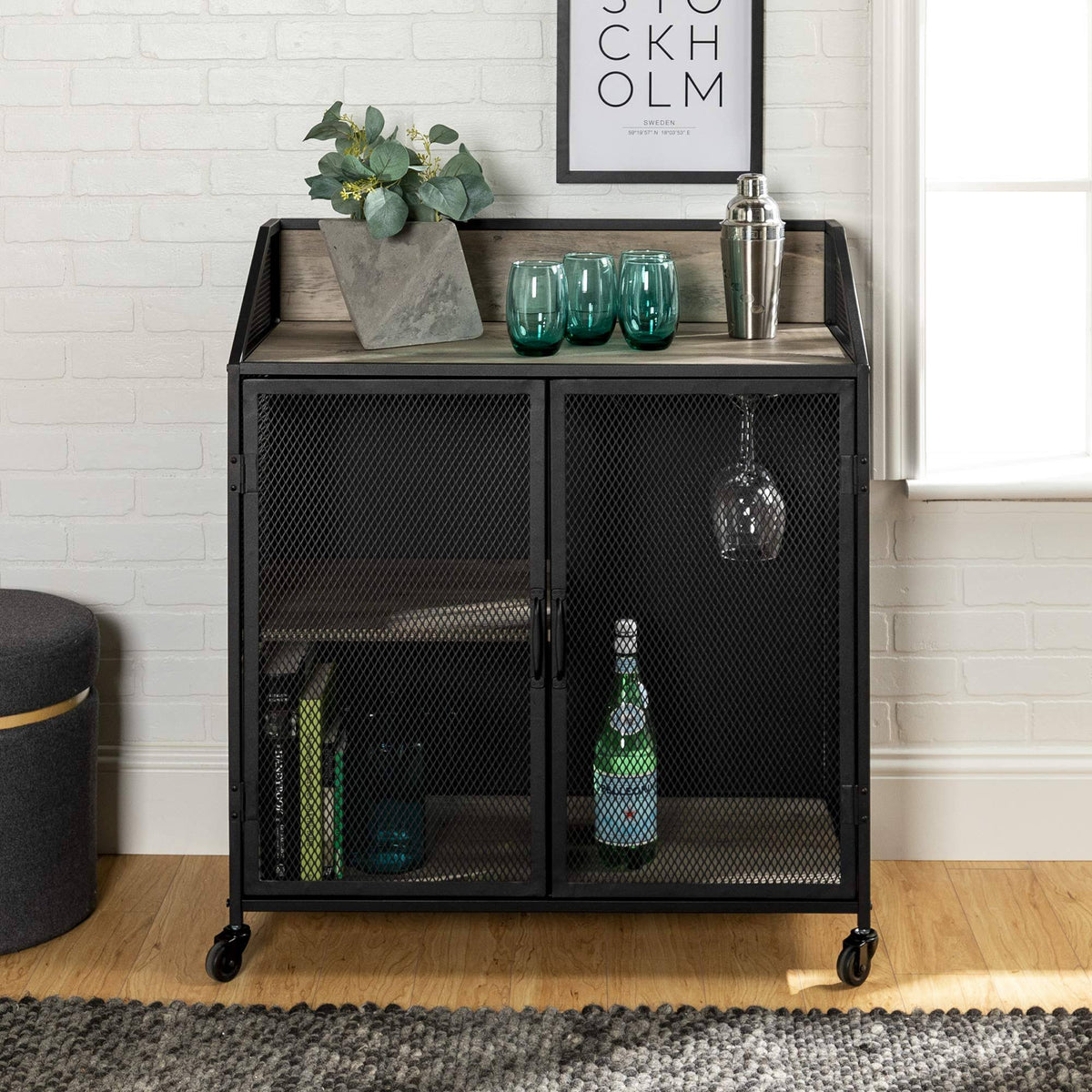 33 inch Grey Wash Bar Cabinet with Metal Mesh Q688925