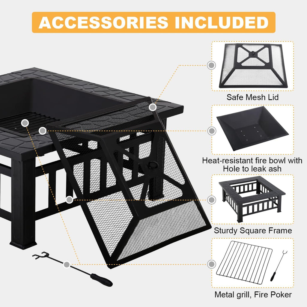 32 Fire Pit Table Wood Burning with Spark Screen Fire Poker Black F6411