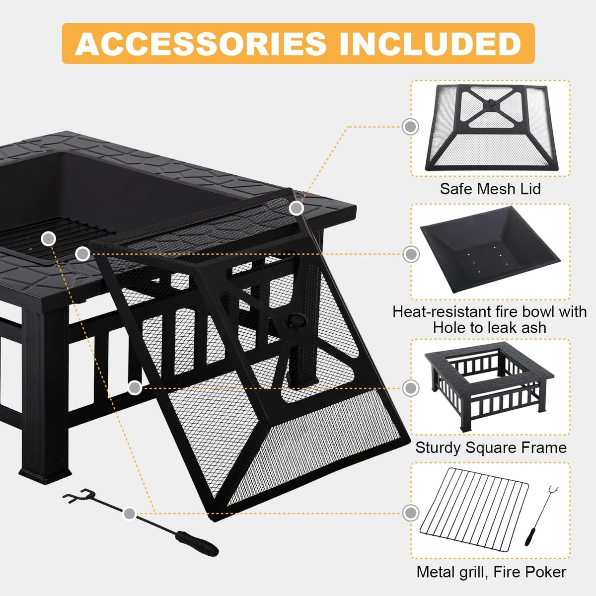 32 Fire Pit Table Wood Burning with Spark Screen Fire Poker Black F6411