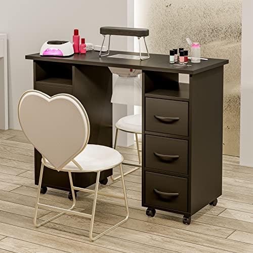 Black Manicure Table with Dust Collector, Wrist Cushion, Drawers, Lockable Wheels & Cabinet Q18597