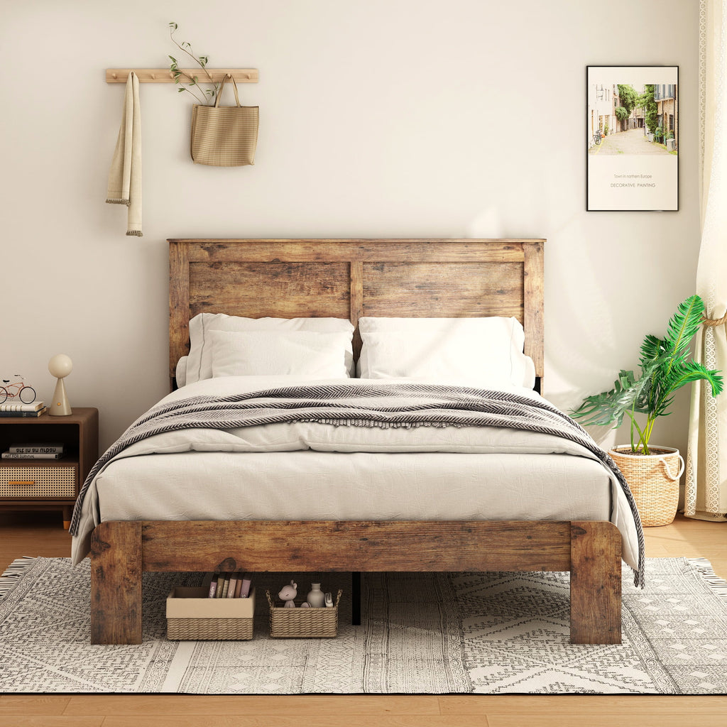 Queen Size Dark Brown Wood Platform Bed with Headboard K43104