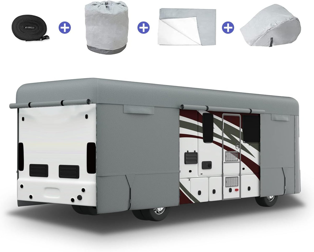 RV Cover for 37' to 40' Motorhome with 2Pcs Extra Straps, Adhesive Repair Patches, 6 Gutter Covers P83687