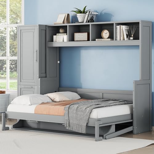 Queen Size Murphy Bed with Closet Storage Drawers Shelf and Desk White J312751