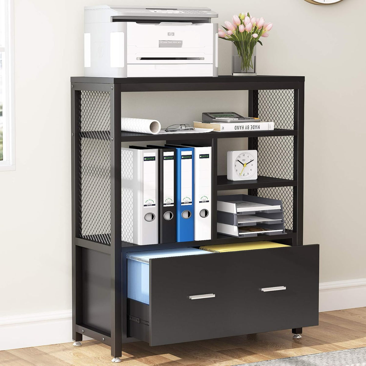 White Wood Lateral File Cabinet with Drawer and Open Storage Shelves W828949