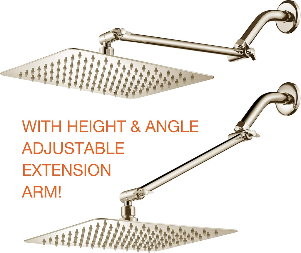 Brushed Nickel Stainless Steel Rainfall Square Showerhead with Brass Extension Arm, Pack of 2 W662