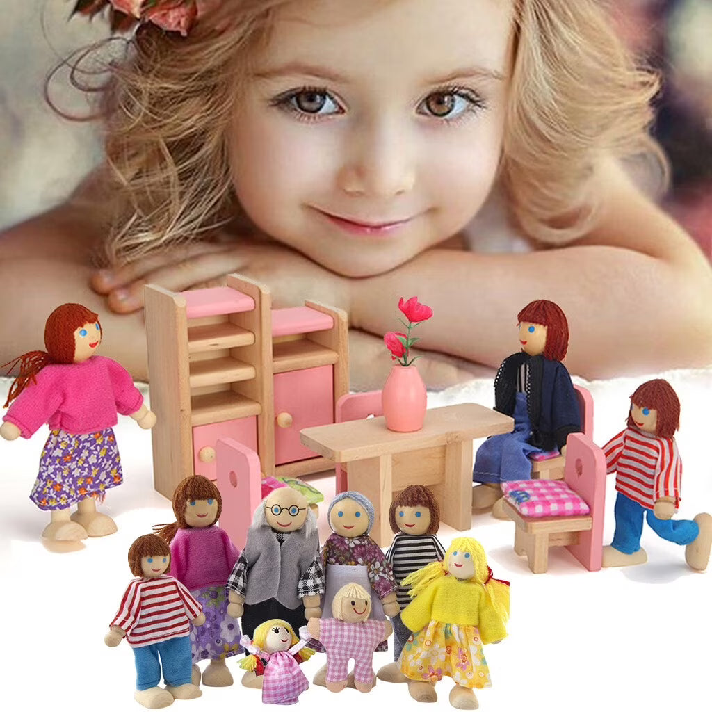 Miniature Doll Wooden Toy People 8 Furniture House Q371