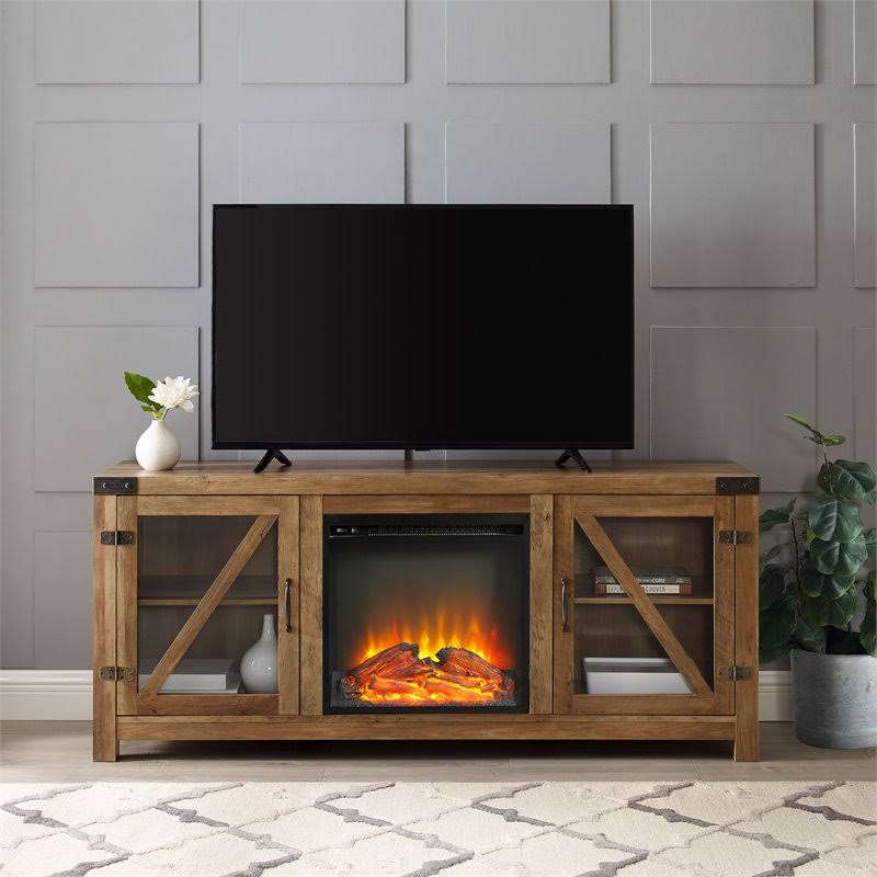 58x22 Glass Barn Door Fireplace TV Stand I844