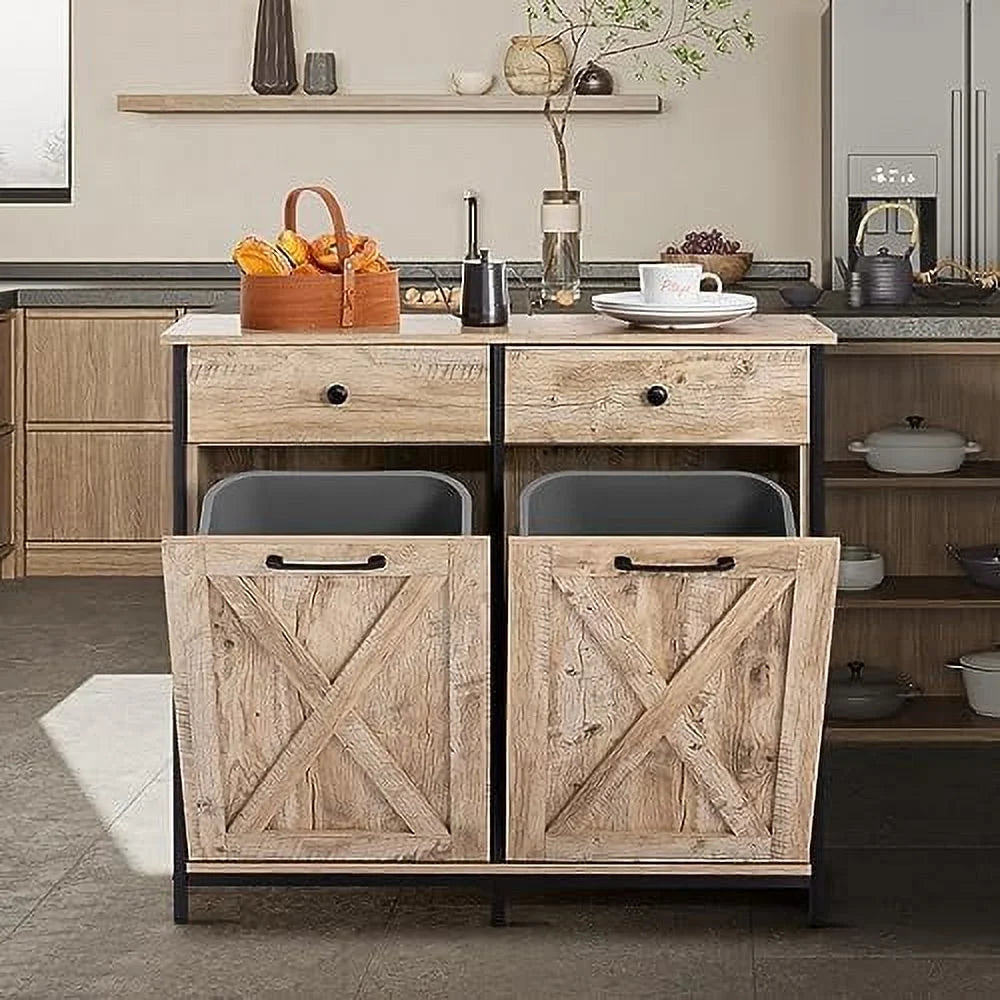 Double Barn Door Style Trash Cabinet with Solid Hideaway Drawer C12161