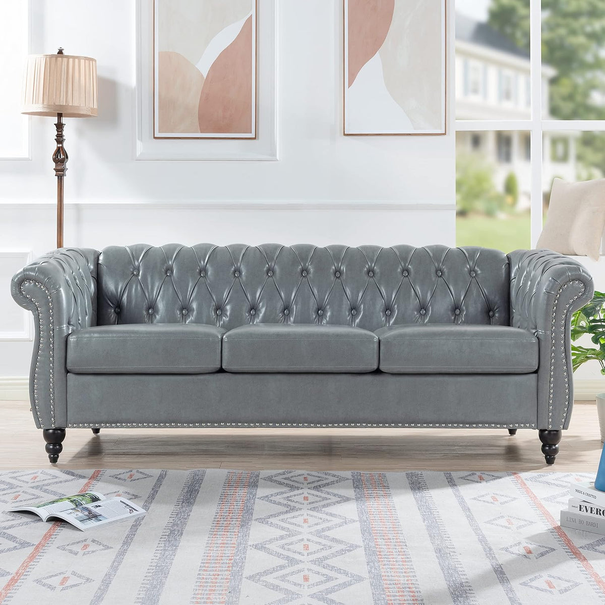 3-Seater PU Leather Chesterfield Sofa with Button Tufted F300434