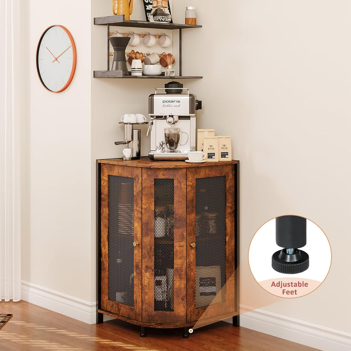3-Tier Rustic Wood Coffee Bar Cabinet with Storage Shelf T992086