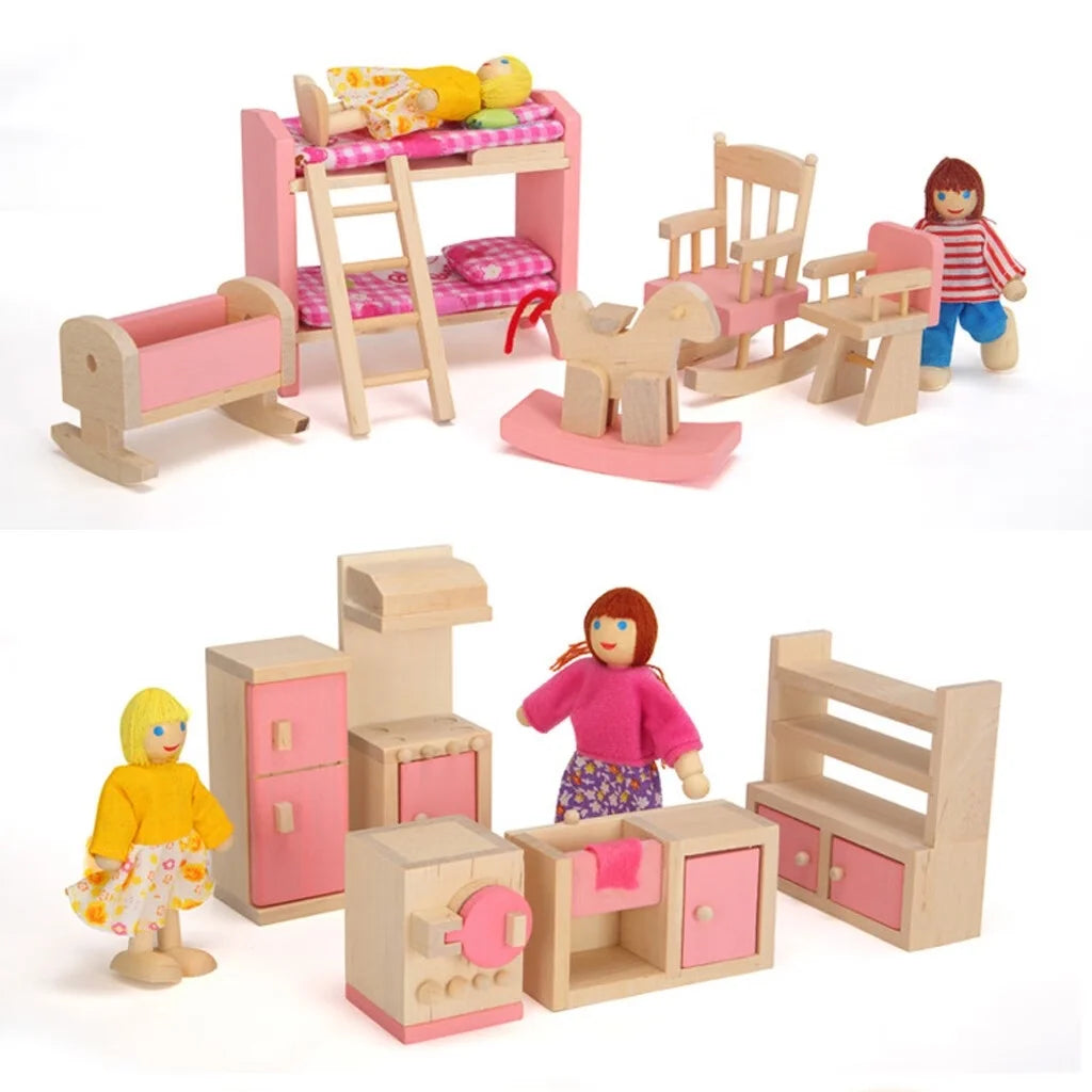 Miniature Doll Wooden Toy People 8 Furniture House Q371