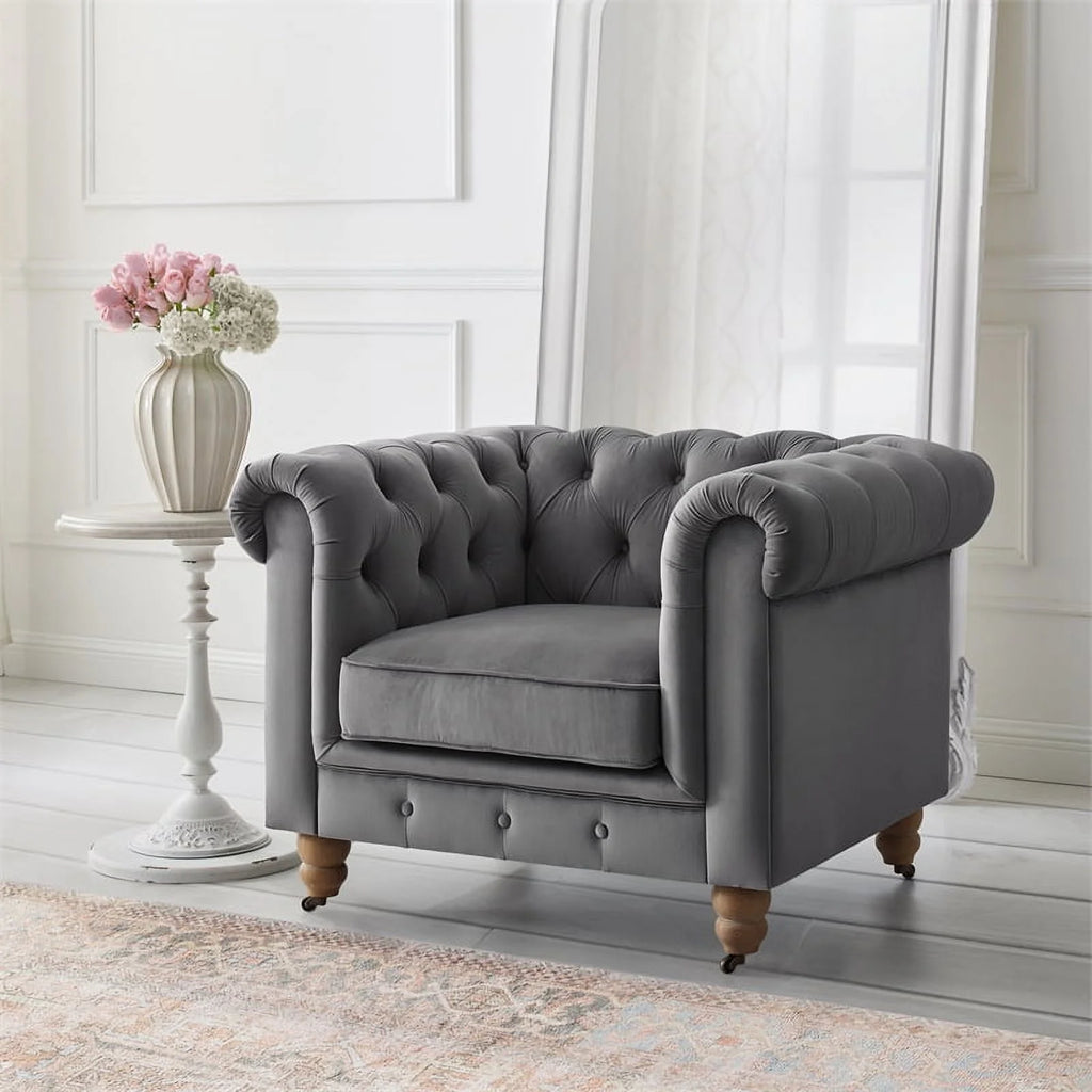 Dark Gray Velvet Button Tufted Club Chair D8360
