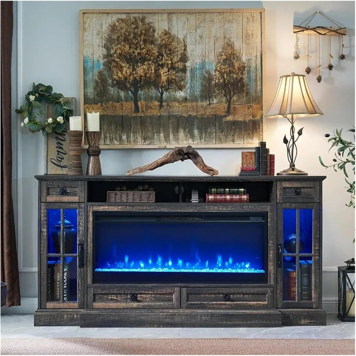 Entertainment center with LED lights and fireplace TV stand G105