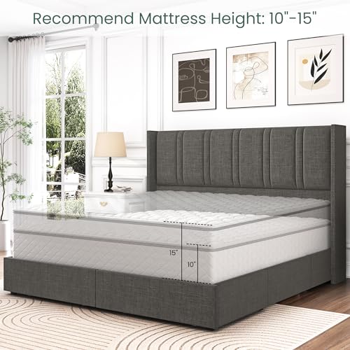 King Size Linen Upholstered Platform Bed Frame with 4 Storage Drawers and Wingback Headboard Q678