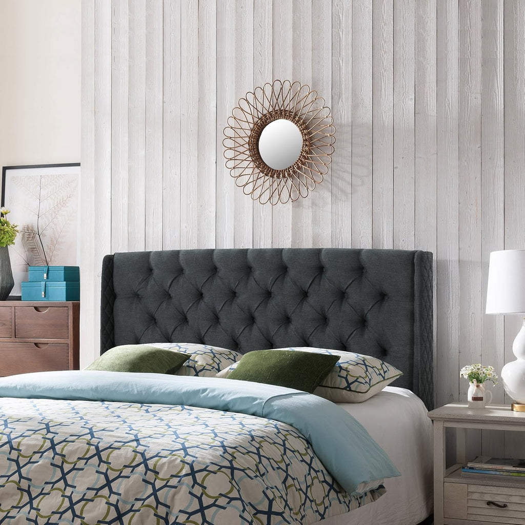 Queen Dark Gray Black Tufted Fabric Headboard B7169