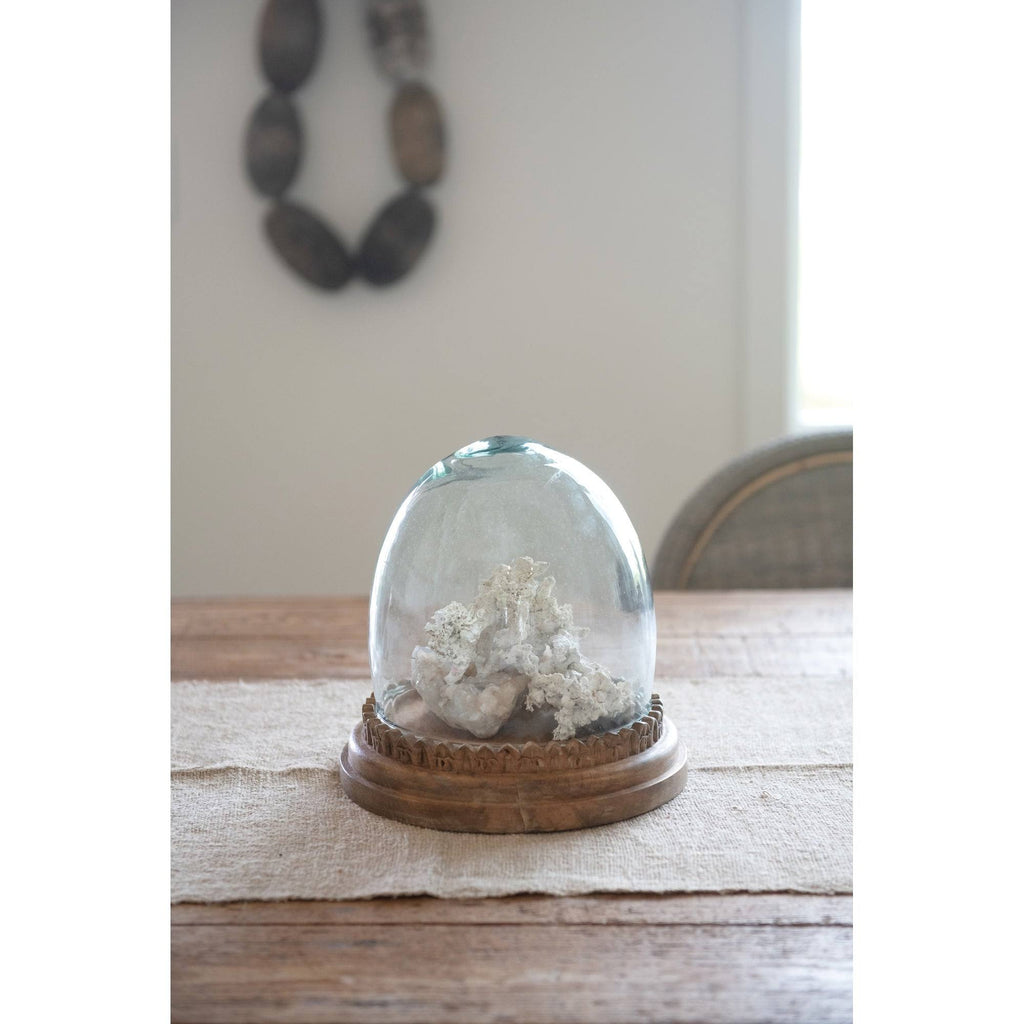 Recycled Glass Cloche on Hand-Carved Mango Wood Base, Set of 2 Pieces Z8572