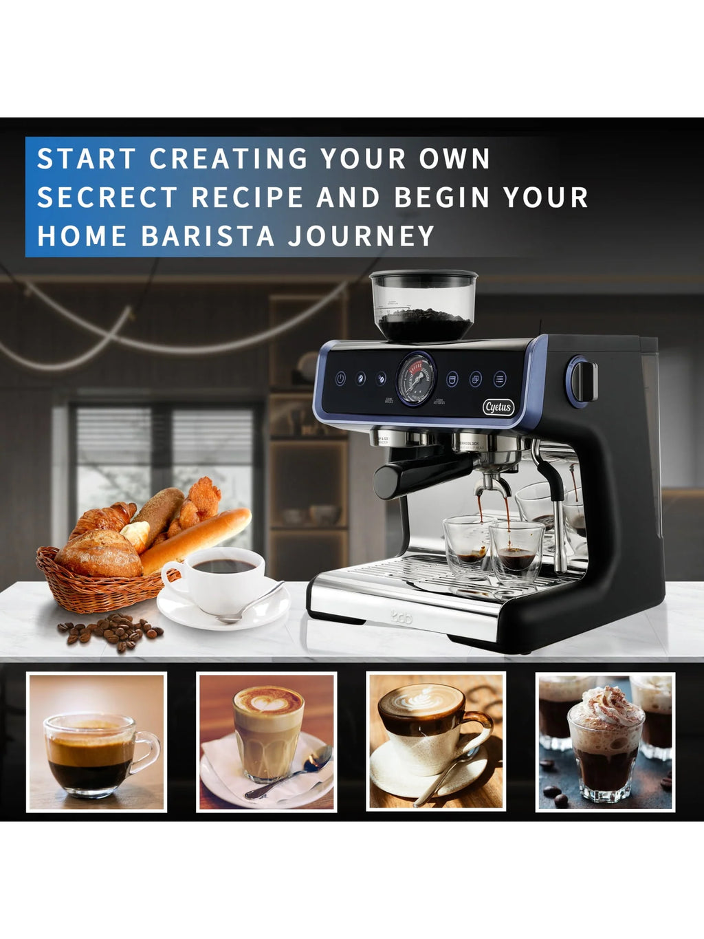 All in One Espresso Machine with Coffee Grinder and Milk Steam Wand O21796