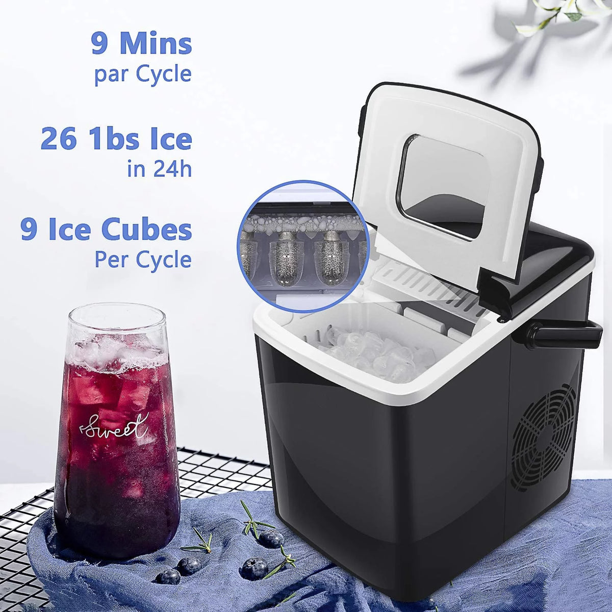 Portable Ice Maker 9 Cubes 26lbs 2 Ice Cube Sizes S700793
