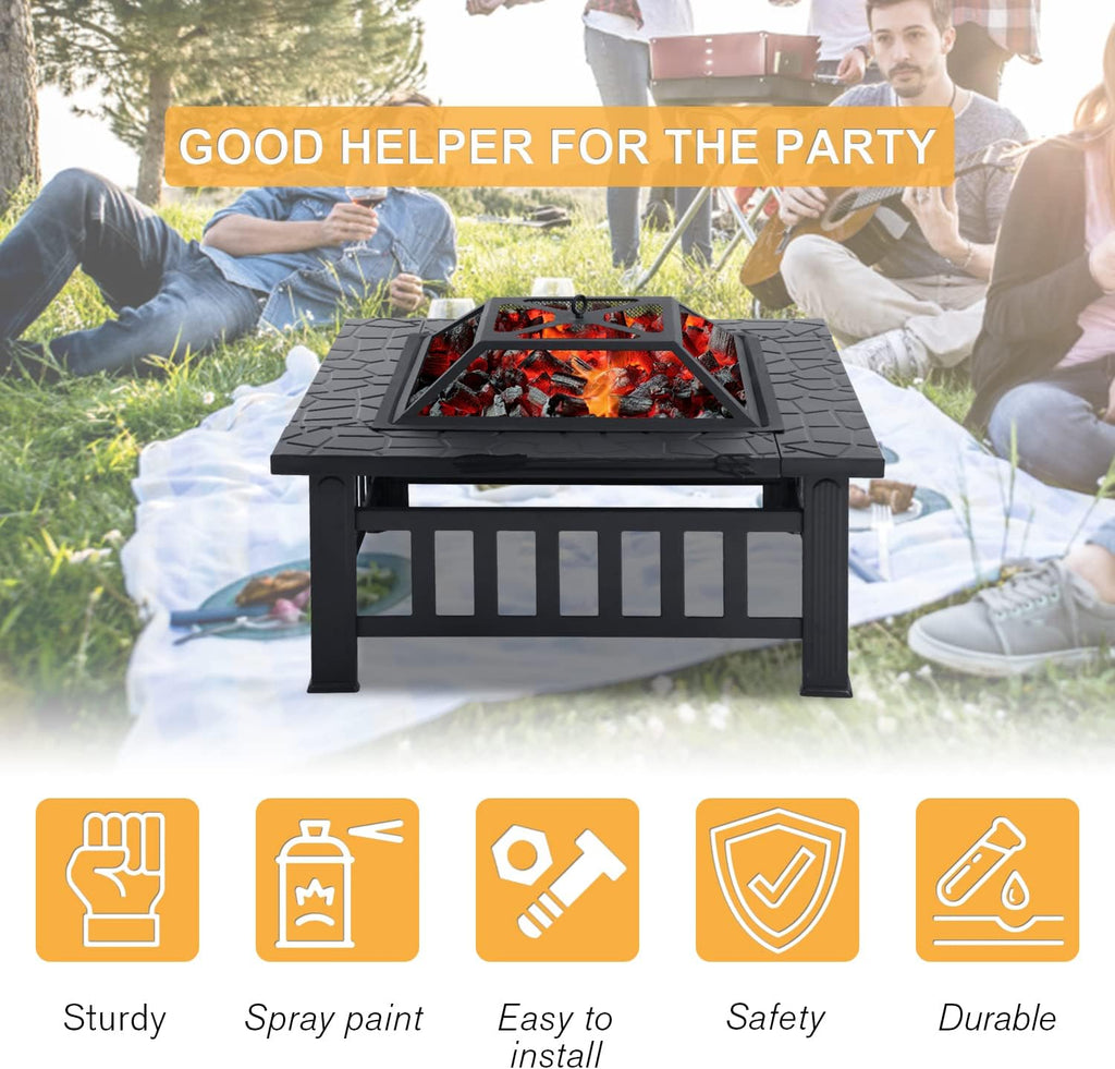 32 Fire Pit Table Wood Burning with Spark Screen Fire Poker Black F6411
