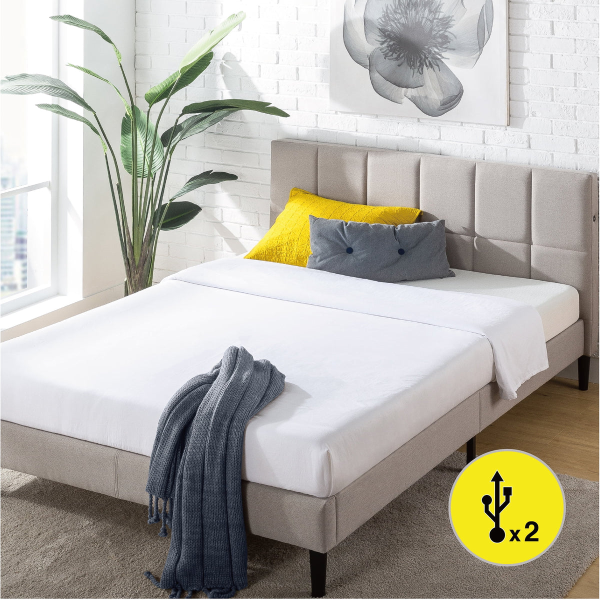 Grey Queen Upholstered Platform Bed Frame with USB Ports I983