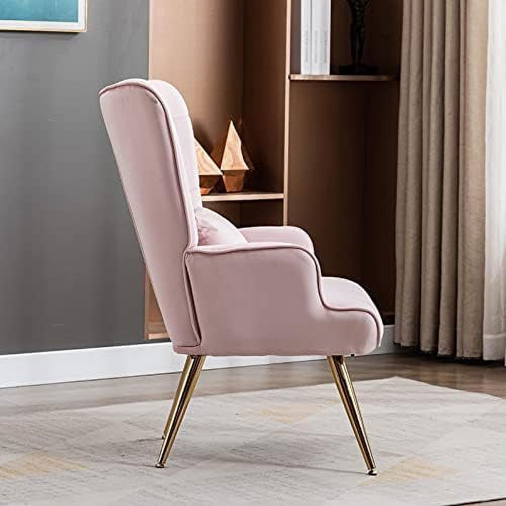 Velvet Buttoned Accent Arm Lounge Chair with Golden Plated Metal Legs & Pillow High Wingback Chair T9082