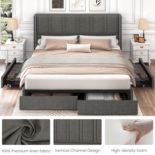 King Size Linen Upholstered Platform Bed Frame with 4 Storage Drawers and Wingback Headboard Q678
