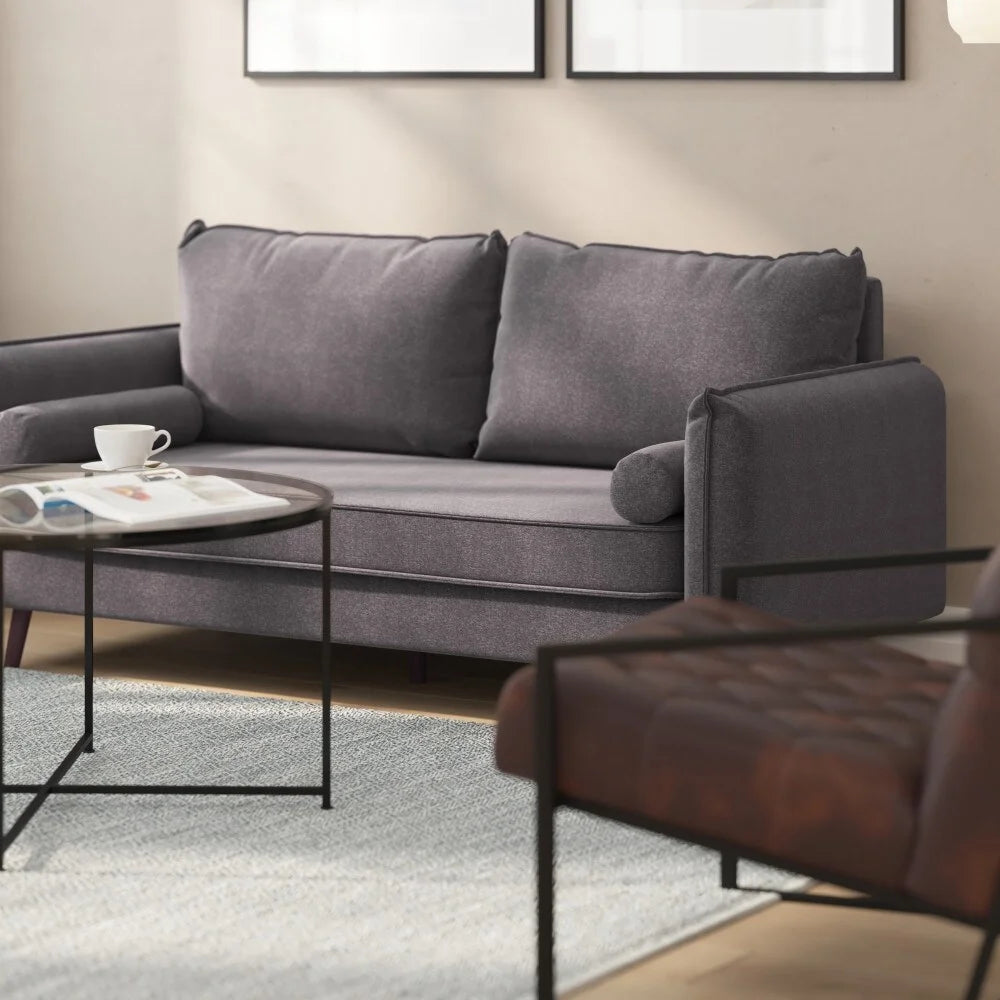 Compact Faux Linen Upholstered Sofa with Wooden Legs Stone Gray U764