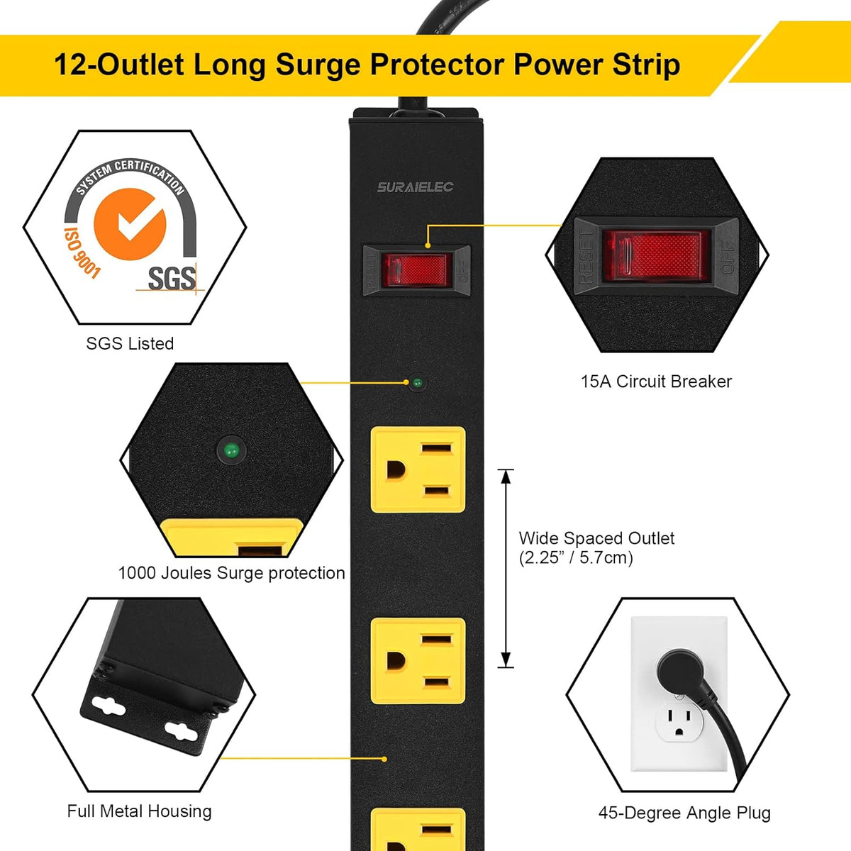 2-Pack 12 Outlet Metal Power Strip with 15 FT Cord Surge Protector O430187