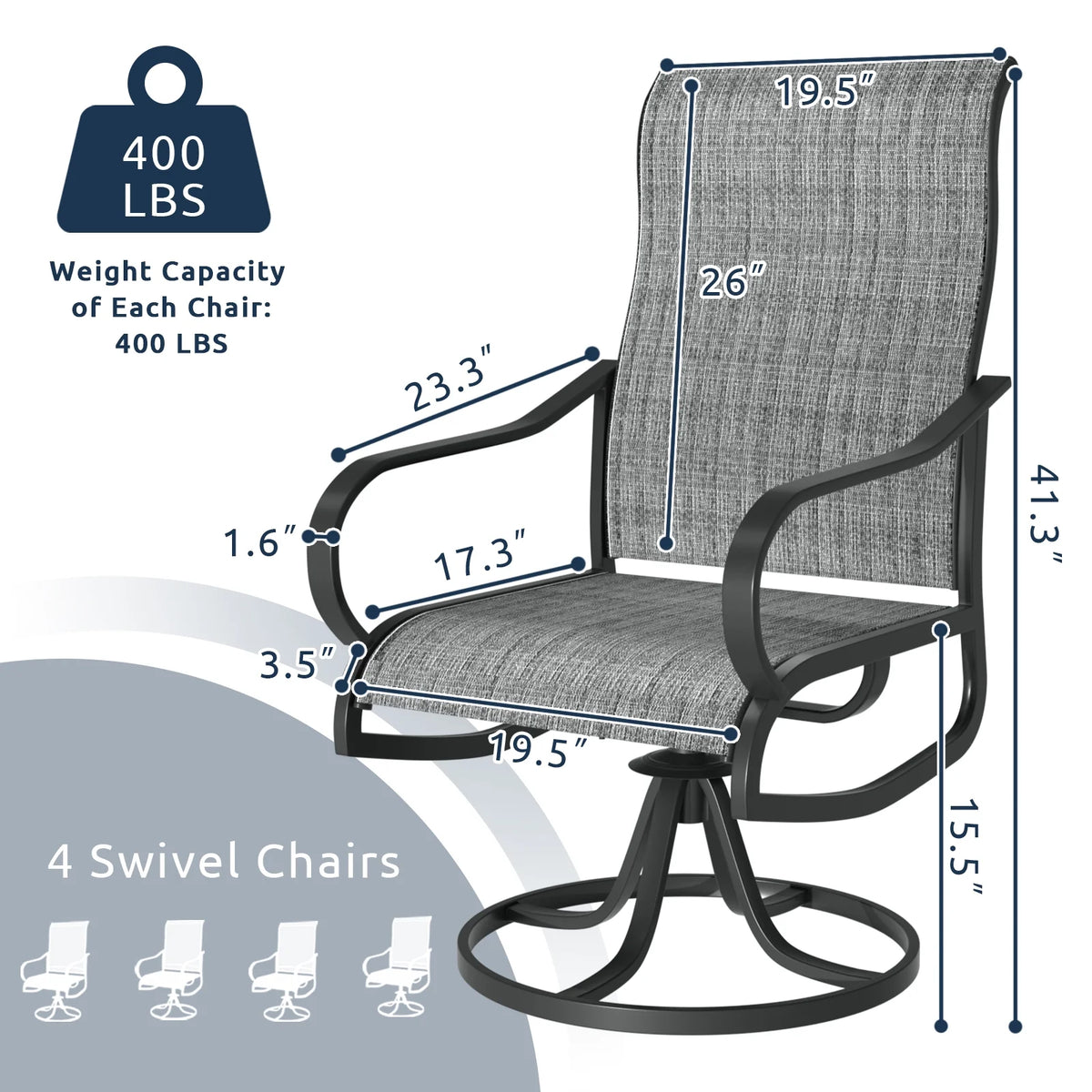 Grey White Set of 2 High Back Padded Swivel Patio Chairs Y4383