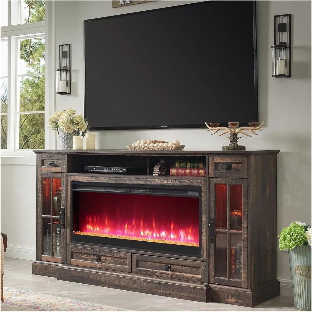 Entertainment center with LED lights and fireplace TV stand G105